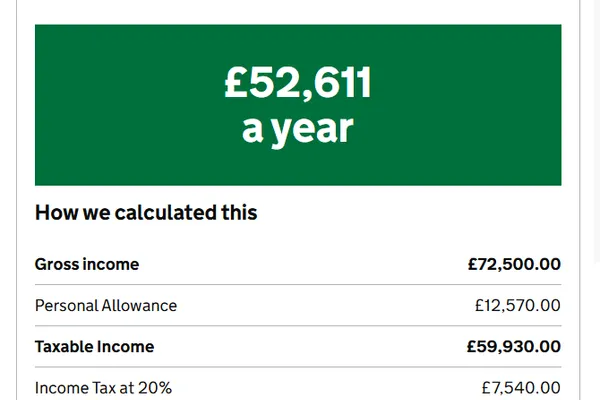 HMRC take-home pay calculator screenshot showing take-home pay on a £72,500 salary