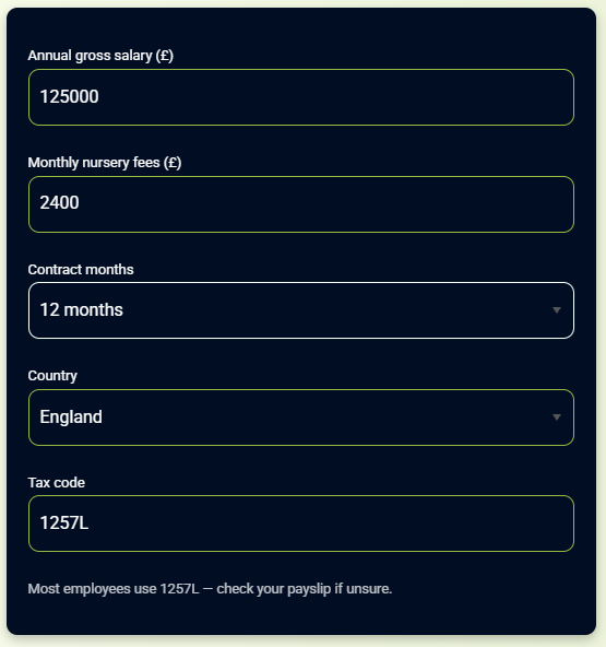 Salary sacrifice calculator showing £125,000 salary and £2,400 monthly nursery fees
