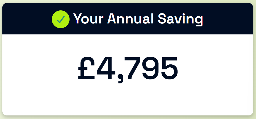Salary sacrifice saving card showing £4,795 estimated annual saving through salary sacrifice